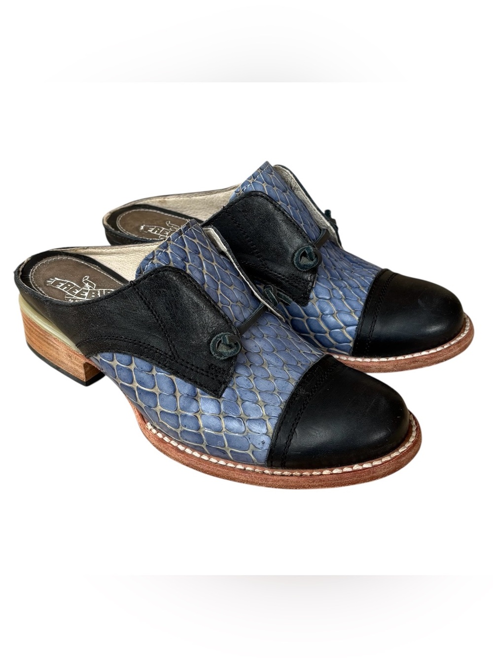 FREEBIRD Malena Blue & Black Leather Cap Toe Mules